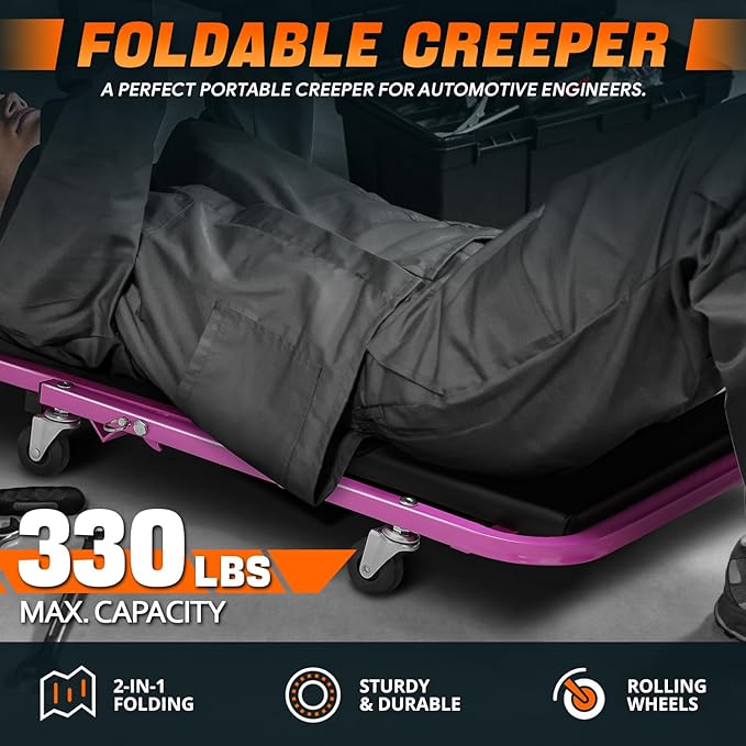 DNA MOTORING 40 Inches Folding 2 in 1 Rolling Z Creeper, Adjustable Roller Garage Chair Lay Down or Sit, 6 Pcs 2" Casters, 150kg Weight Capacity, Purple, TOOLS-00187-PR