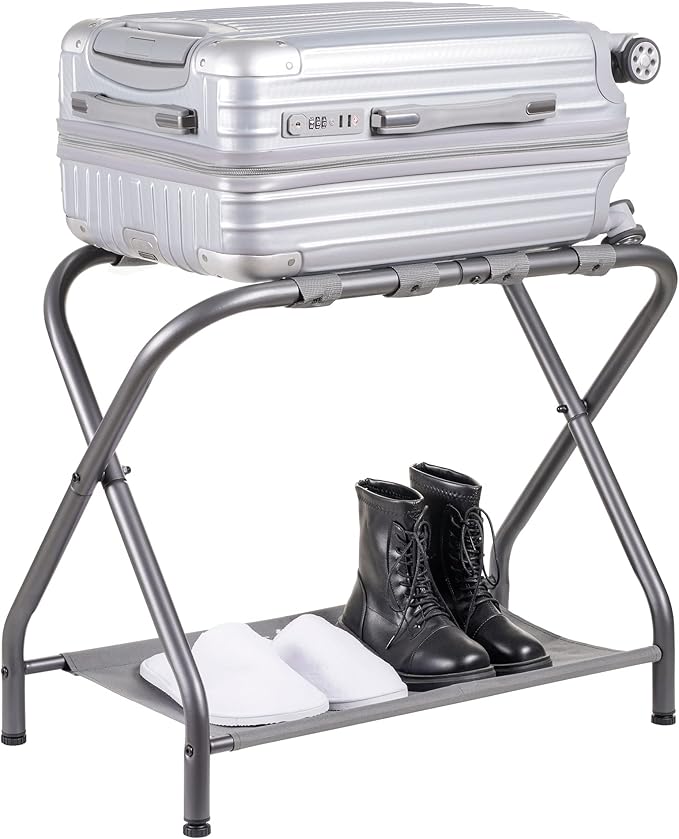 Heybly Luggage Rack, Steel Folding Suitcase Stand with Storage Shelf for Bedroom, Hotel, Foldable Steel Frame, Guest Room Bedroom Hotel, 22.8" L x 11.8" W x 20.9" H, Gray HLR004G1