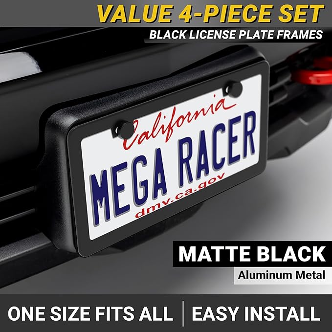 Premium Slim Matte Black License Plate Frames – Best Value 4 Pack, Rust-Free Stainless Steel & Rattle-Free, Street Legal, Universal with Screw Cover, Thin Edged Metal Front & Rear Car Tag Holders