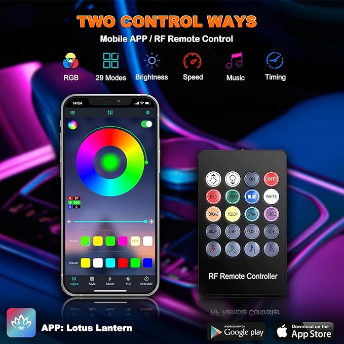 USB Interior Car LED Strip Lights with Wireless APP and Remote Control, RGB 6 in 1 Ambient Lighting Kits with 315 inches 3.0mm Fiber Optic, 16 Million Colors Car Neon Lights, Sync to Music