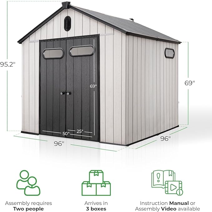 EconoHome 8x8 Ft Outdoor Storage Shed with Floor - Waterproof Shed with Lockable Door for Garden - Backyard, Tool Storage Use - Grey