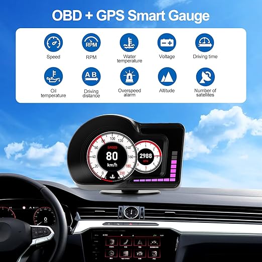 Head Up Display HUD F16 with OBD2 + GPS Dual System Digtial Speedometer, 3.5" IPS Smart Gauge, Speed, Voltage, Engine RPM, OverSpeed Warning, Water Temperature, Turbo Pressure for Cars After 2008