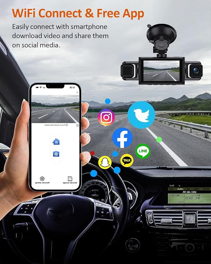 4 Channel WiFi Dash Cam with 32GB Card, 4 * 1080P Dash Camera for Cars Front and Rear Left Right,3”IPS Screen Dashcam with 360° Surveillance APP Control, 24H/7 Parking Mode,Night Vision G-Sensor
