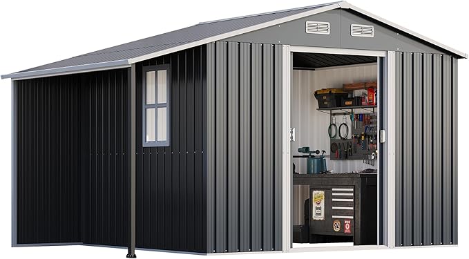 Jocisland 10.6x6.8x6.3 FT Galvanized Metal Storage Shed with Open Firewood Bay, Sliding Doors & Ramp, 2 Windows & Vents, Weather-Resistant Outdoor Tool/Garden Shed, Dark Grey/White