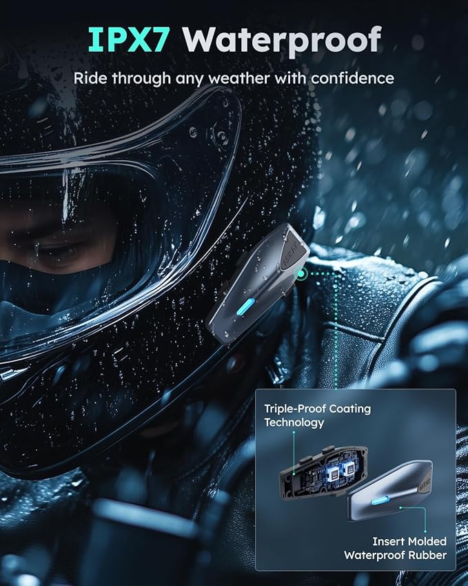 S1 Motorcycle Bluetooth Headset with 3 Intercom Modes, 8-Rider Mesh Communication, AI Voice, FM Radio, Auto Volume, Waterproof, Fast Charging for Helmet/ATV/UTV/Snowmobile, 2 Pack(Blue)
