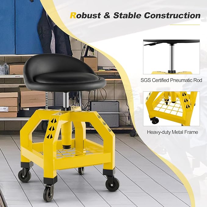 Goplus Rolling Garage Stool, 22.5”-27.5” Adjustable Mechanic Chair with Padded Seat, 330LBS Capacity, Tool Tray, Heavy Duty Creeper Seat, 360° Swivel Shop Stool for Workshop