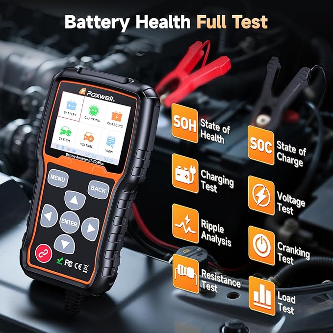 FOXWELL BT705 Plus Car Battery Tester 12V 24V Automotive, 100-2000CCA Battery Load Tester Digital Battery Analyzer Charging System Alternator Tester Cranking Checker for Car Heavy Duty Truck Marine
