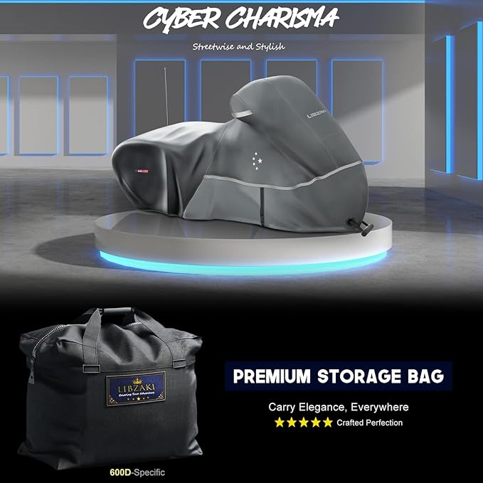 Motorcycle Cover LI LIBZAKI 600D Heavy Duty Storage for Touring Models Harley Davidson Road King,Road Glide,Street Glide, Electra Glide,Heritage Classic,Low Rider-ST,and Most Motorcycles/Gray