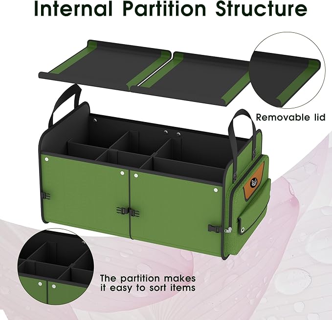 Foldable Waterproof Car Organizer with Non-Slip Traction Rope, 23.2”x13.8”x11.8” Heavy-Duty Trunk Organizer for SUV, Car Essentials List, Portable Vehicle Organizer,GREEN-M003