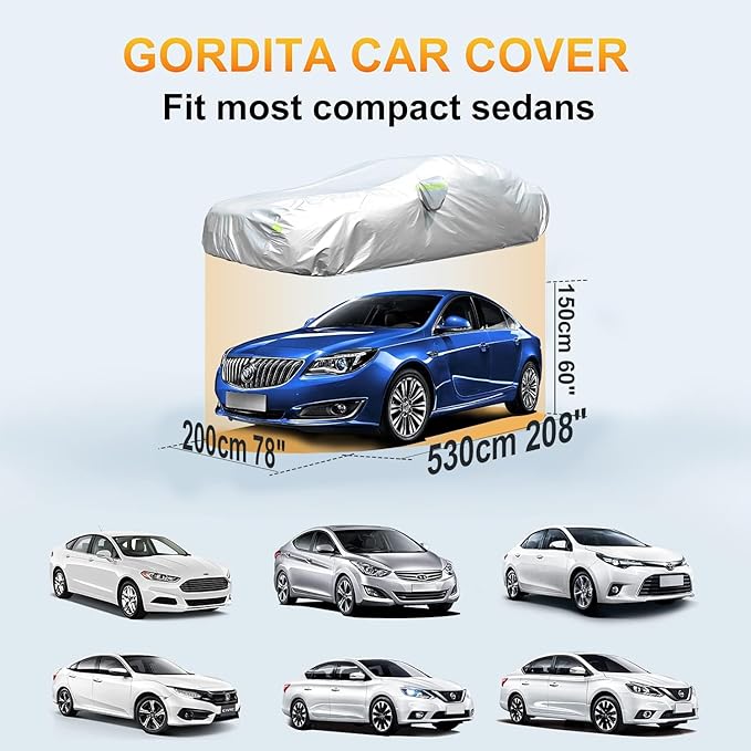 Waterproof Car Cover All Weather Snowproof UV Protection Windproof Outdoor Full car Cover, Universal Fit for Sedan (Fit Sedan Length Length 192"-208", Silver)