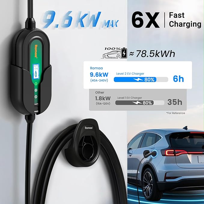 Romaa Level 2 EV Charger Portable Level 2 with 40A, 240V, NEMA 14-50, 25ft Cable, J1772 Charger, Adjustable Current, Delay Timer, EV Chargers for Home Level 2, App Control, FCC & ETL Certified