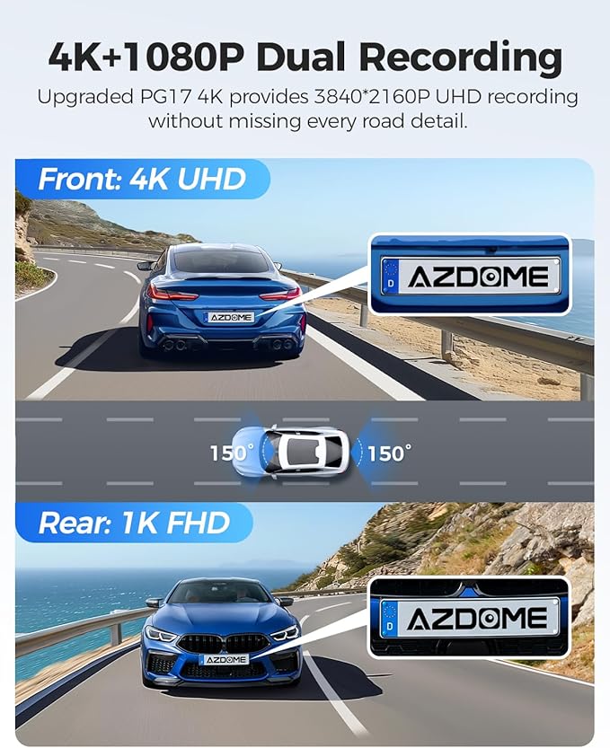 AZDOME PG17 12" 4K Mirror Dash Cam Front and Rear, Wi-Fi 6 Rear View Mirror Camera with 64GB Card, Voice Control Dash Camera for Car, Rearview Mirror Camera with GPS Night Vision Parking Assistance