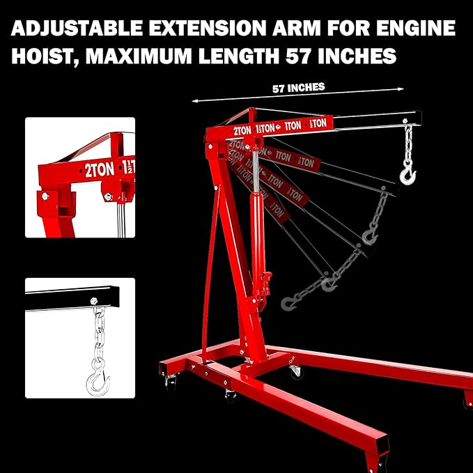 5000LBS Folding Hydraulic Engine Hoist with Lever, Heavy-Duty Cherry Picker Shop Crane with 6 Casters, Engine Lifter for Garage, Workshop & Warehouse, Red