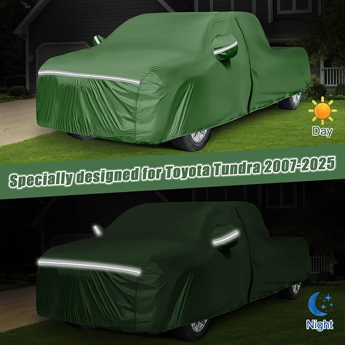 BOSSTONE Car Cover Custom Fit for Toyota Tundra Truck 1999-2021 Double Cab, Waterproof All Weather for Automobiles Full Exterior Cover Rain Sun Snow Protector with Door Zipper (Green)