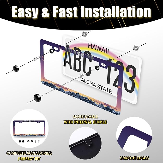 Moon Phase License Plate Frame Mountain Night Stars License Plate Holder Front and Rear Car Tags Stainless Steel Auto Parts Funny License Plate Decoration with Screws Men Women 12.2"x 6.2"