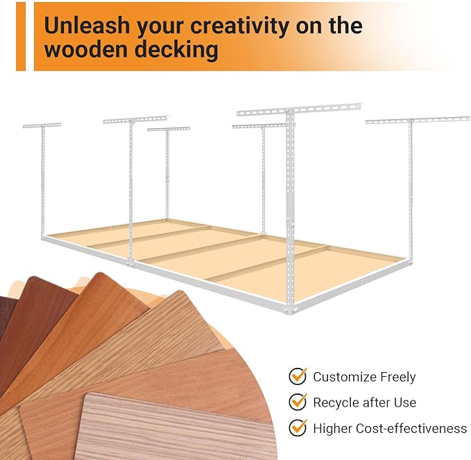 4x8ft Overhead Garage Storage Rack Wooden Decking Not Included, Heavy Duty Metal Rack, Adjustable Ceiling Dropdown, 600lbs Weight Capacity (White)