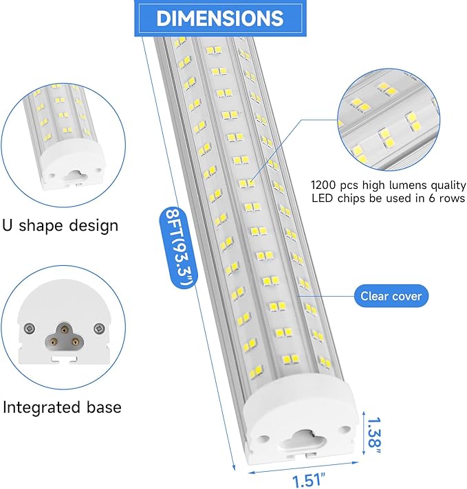 8FT U Shape 125W Integrated Tube Bright LED Light, 6500K Clear White, 20000LM - Flush Mount/Hanging Linkable LED Ceiling Lights for Garage, Plug&Play, 6 Pack