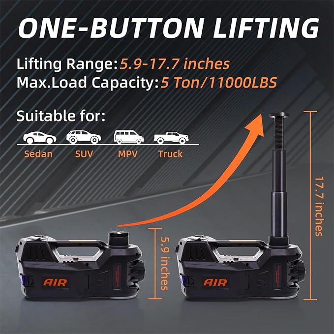 STANDTALL Electric Car Jack Kit 5 Ton 12V Hydraulic Floor Jack with Impact Wrench and Tire Inflator Pump Lift Jack with LED Light for SUV Sedan Truck Road Emergency Tire Change