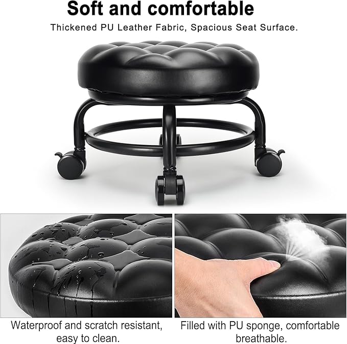 Low Height Rolling Stool Roller Stool PU Leather Comfortable Seat 360°Swivel Rotating, Modern Rolling Chair for Home Office Garage Shop