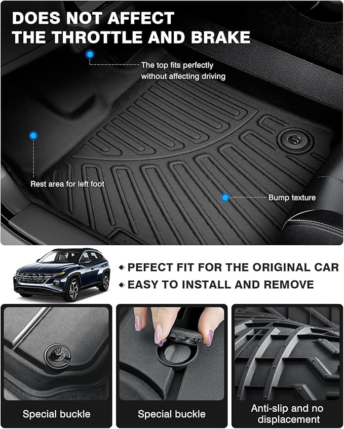 Powerty Floor Mats for 2022-2025 Hyundai Tucson(Non-Hybrid Models) Accessories All Weather Floor Liner 3D TPE 1st & 2nd Row Floor Mat Heavy-Duty Floor Liners(NOT for Hybrid)