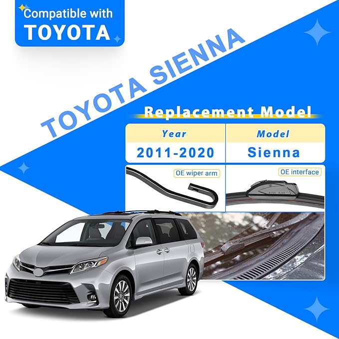 Windshield Wiper Blades Replacement for 2011-2020 Toyota Sienna Original Factory Quality Front Rear Wipers Blade Set for My Car - 28" 20" 16" (Pack of 3)