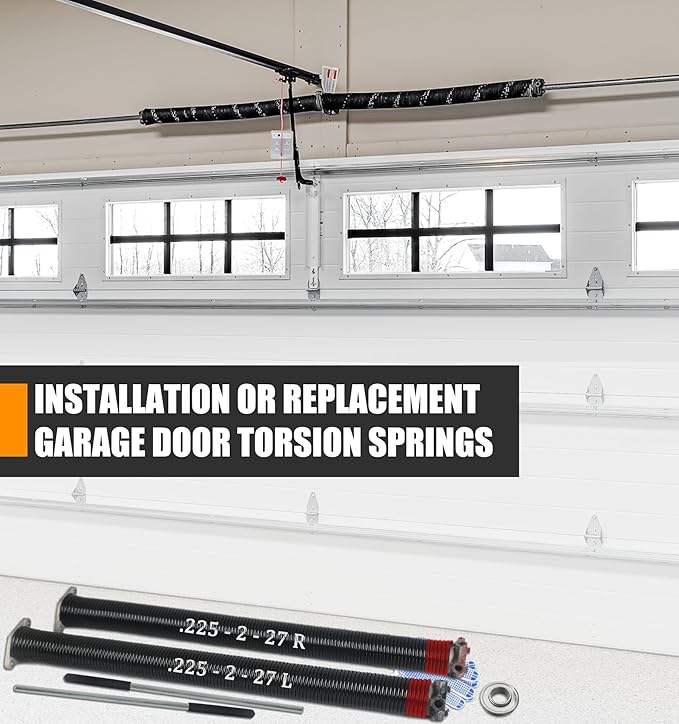 Garage Door Torsion Spring Set, Pair of 2" Electrophoresis Coated Garage Door Spring Replacement with 2 Non-Slip Winding Bars and Bearing, Minimum 16000 Cycles (.225x2x27")