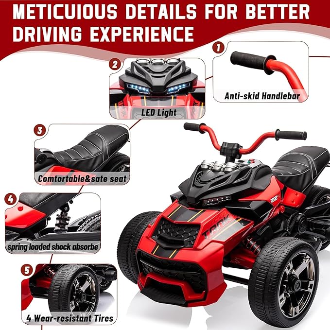 12V Kids Electric Ride-On Car with Parent Remote Control, 7MPH, 2 Speeds, 2x55W Motor, LED Lights, Music, USB & EVA Tires, 3 Wheel Battery Powered Toy Vehicle for Toddlers