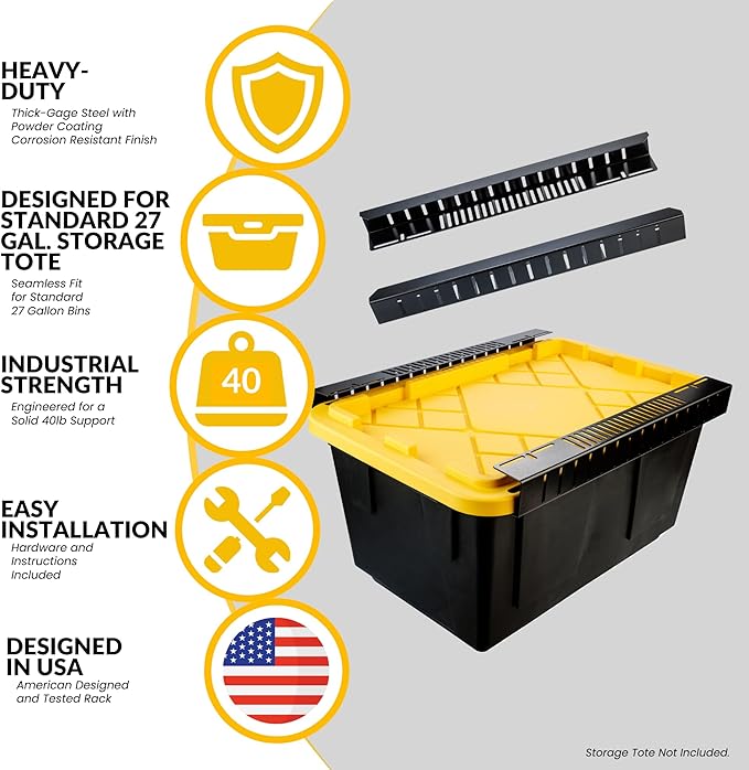 Overhead Bin Rack - Ceiling Mount Overhead Garage Storage Rack | Adjustable Width and Orientation | Heavy Duty Ceiling Bin Storage Rails | Fits Black & Yellow Storage Bins | USA Designed (2 Bins)