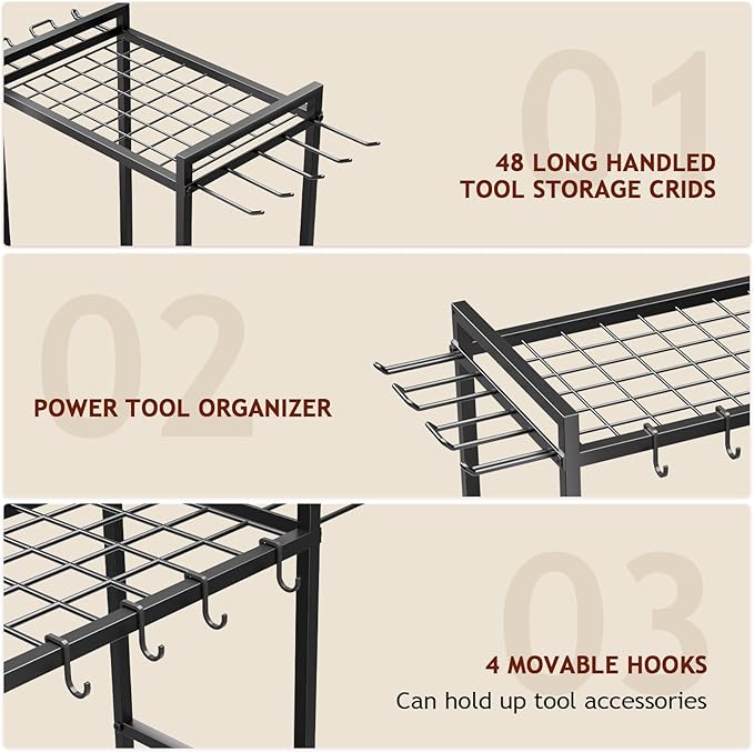 Garden Garage Tool Organizer - Yard Tool Organizer for Garage with 4 Hooks, Heavy duty Steel Garden Tool Rack Holds up to 48 Long Handled Yard tools for Storage