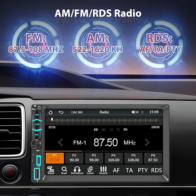 7" Wireless Double Din Car Stereo Apple Carplay Radio Screen for Car Audio Receivers, Bluetooth Car Play Android Auto Touchscreen, Mirror Link, Backup Camera, SWC, AM/FM, AirPlay, Type-C