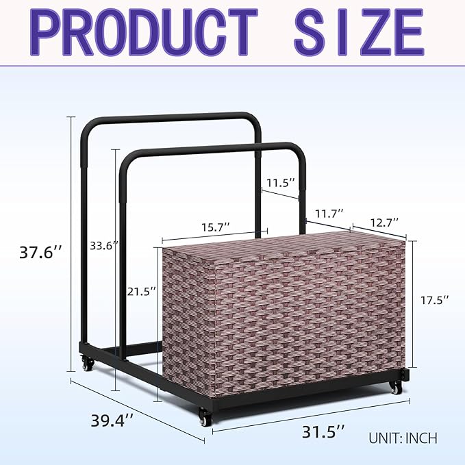 Pool Storage, All-Weather Float Storage Organizer for Cushions, Pool Float Storage Bin with Wheels, Waterproof Metal with Rattan Pattern UV Print Outdoor Pool Towel Rack, Brown
