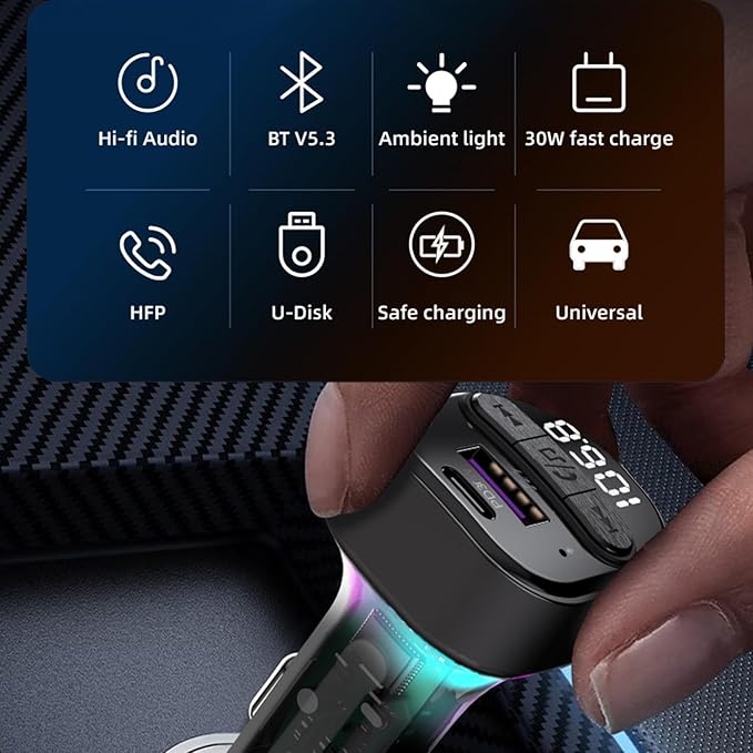 Bluetooth 5.3 FM Transmitter for Car, Bluetooth Car Adapter with Type-C PD(30W) Charger and QC3.0 USB Port, Wireless FM Radio Transmitter, Support MP3 Player, Handsfree Calling, LED Backlit,U Disk