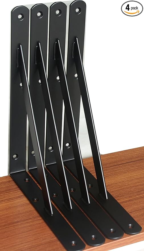 4 Pack L11 x H 8" Black Heavy Duty Shelf Brackets with Screws Metal Shelf Brackets Shelf Support Angle Brackets for Shelves L Brackets Heavy Duty Floating Shelf