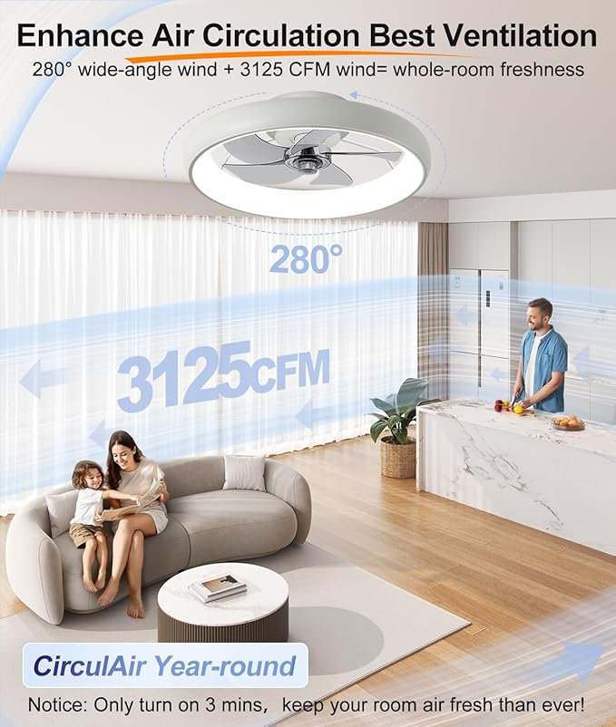 Ultra Low Profile Ceiling Fans with Lights and Remote Ultra Quiet 25 dB, 21" Modern Flush Mount Ceiling Fan LED Ceiling Fan Fandelier Ceiling Milky White