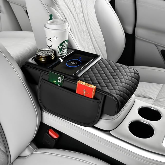 Upgrade Arm Rest Cover for Car, 5-in-1 Middle Console Cover Cushion Pad with Cup Holders & Side Pockets, Center Armrest Storage Box, Black