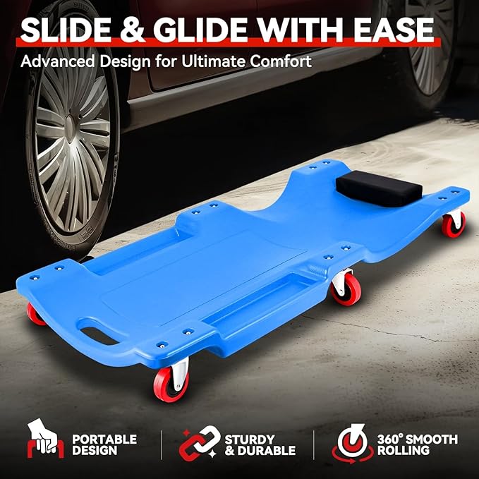 Auto Dynasty 36 Inches Mechanic Creeper, Automotive Garage Repair Low Profile Under Car Rolling Creeper with Padded Headrest, Plastic, Blue
