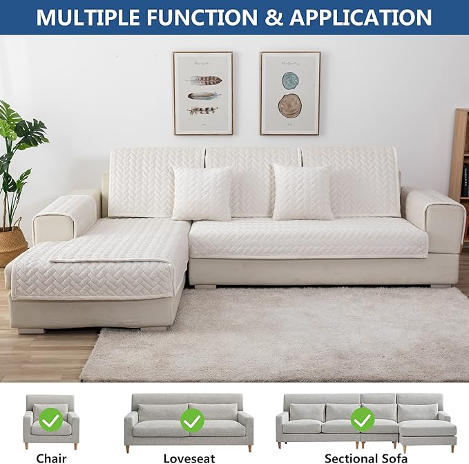 Eismodra Armrest Covers,Couch Cover,Sofa Cover,Backrest Covers,Anti-Slip Armchair Slipcovers for Dogs Cats Pet Loveseat Recliner Leather L Shaped,White 28 x 28 Inches (Only 1 Piece)