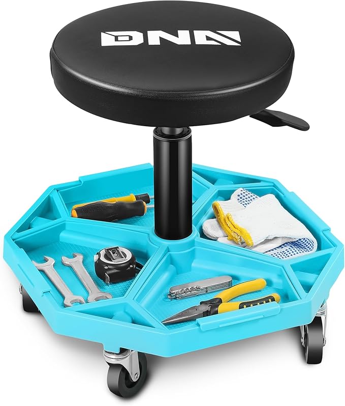 DNA MOTORING Adjustable Height Pneumatic Garage Seat Rolling Mechanic Stool with Tool Tray Storage,300lbs Max Weight Capacity, Blue,TOOLS-00480