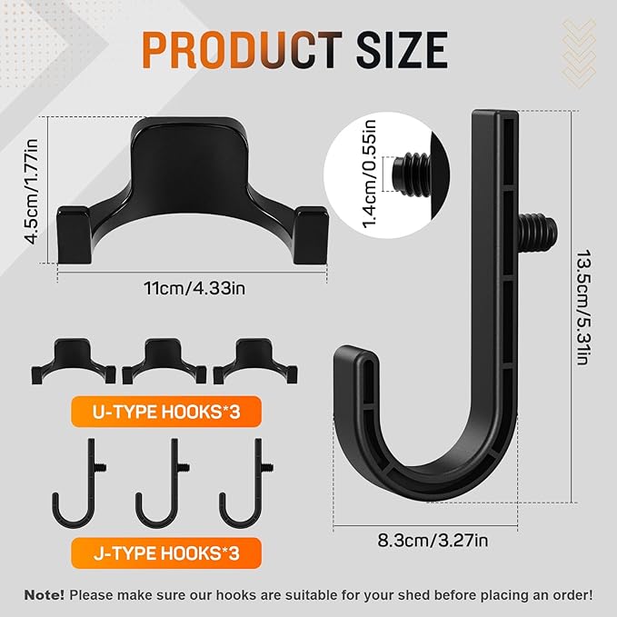 6Pcs Storage Shed Hooks Compatible with Suncast Shed, Black J and U Tool Hangers for Organizing Tool, Ladders, Bulk Items,Storage Shed Shelves Accessories