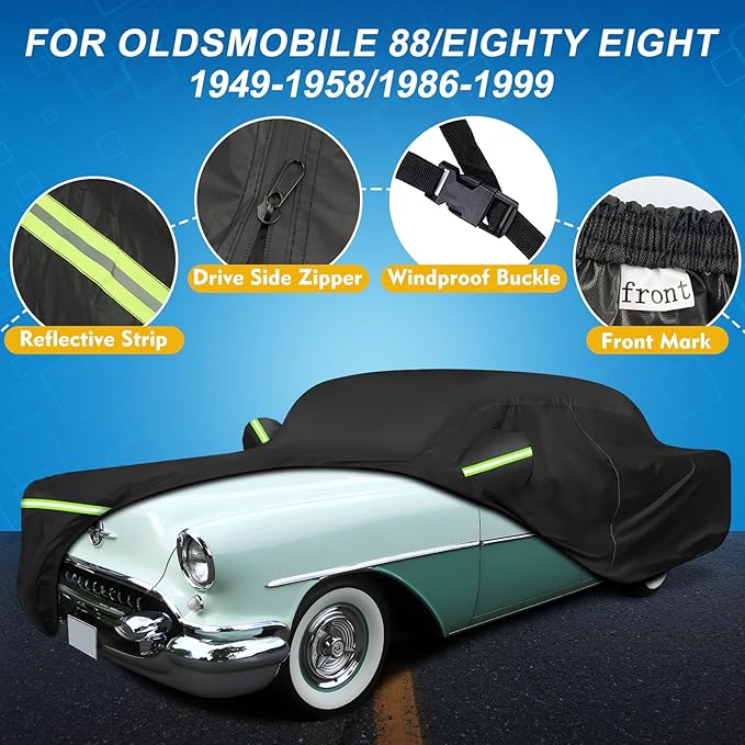 QUNSUNUS Waterproof Car Cover for Oldsmobile 88 1949-1958/1986-1999, Outdoor Car Cover with Zipper, All Weather Full Exterior Cover with Straps and Elastic Edges for Wind, Sun, UV and Dust Protection