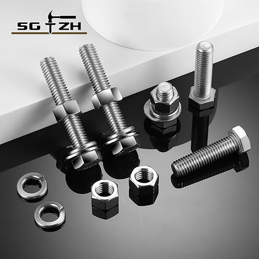 1/2-13 x 1-1/2" Hex Head Screw Bolt, Nuts, Flat & Lock Washers, 10Pcs 18-8 (304) Stainless Steel, Fully Threaded, by SG TZH