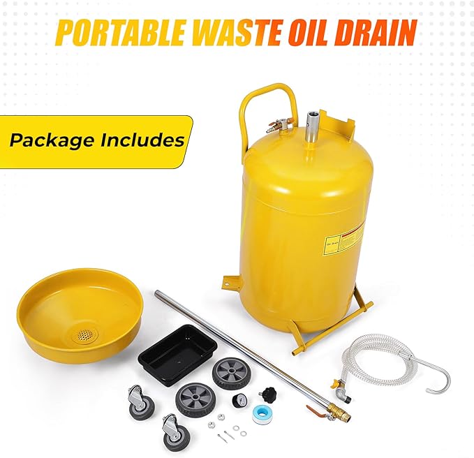 20 Gallon Waste Oil Drain Tank Portable Air Operated Oil Drainer with Adjustable Funnel Height 38-65 Inches 15 Inch Funnel Fluid Fuel Transfer Drain Container with 360 Degree Wheels and Toolbox Yellow