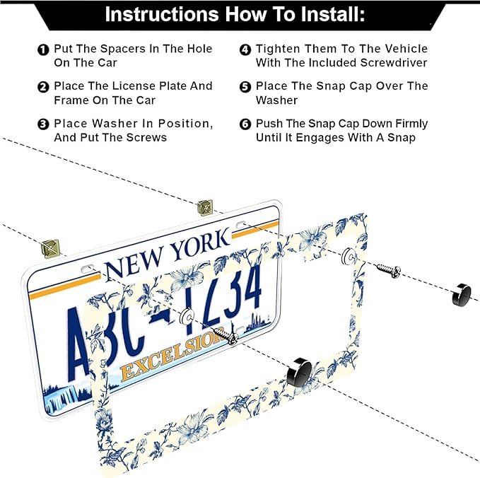 Blue Floral Flowers License Plate Frames - 2 Pcs Set 2 Holes Stainless Steel Metal Auto Car Accessories Decoration License Plate Frame Cover Size 6.3" x 12.2" Fit US Vehicles for Women Men Gift