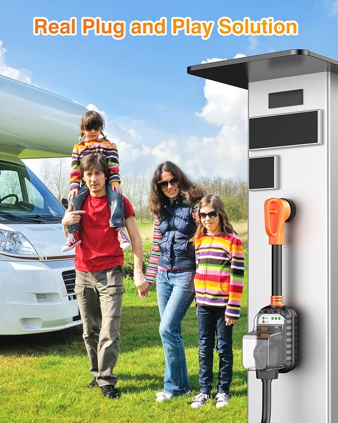 GEARGO RV Surge Protector 50 Amp, Latest 18000J Surge Protection RV Circuit Analyzer, RV Adapter Plug for Camper with Waterpoof Cover, Plug and Play（Orange）