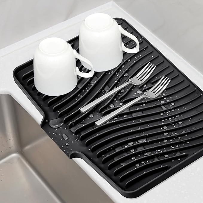 Silicone Dish Drying Mat for Kitchen Counter, Dish Drying Pad, Non-Slip Drain Pad with Built-in Drain, Heat Resistant Stone Drying Mat(15.8" x 13", Black)