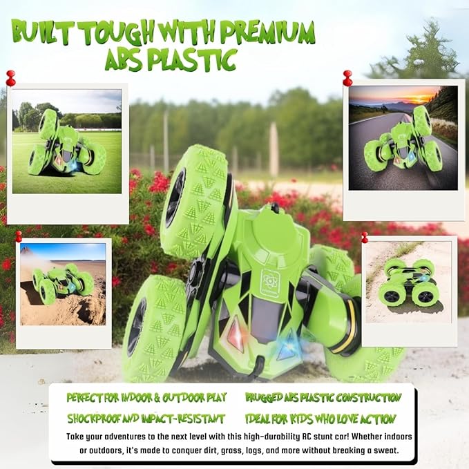 RC Stunt Car, Remote Control Double-Sided Driving 360° Flips & Rotations, Rechargeable Lithium Batteries, Color-Changing Lights, for Kids Ages 6-12, Green