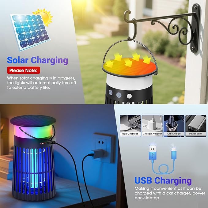 Solar Bug Zapper Outdoor, Portable Electric Mosquito Killer with Panel Sensor, Rechargeable Insect Trap with LED Night Light and Flame Effect, Ideal for Outside Patio, Backyard, and Camping (1 Pack)