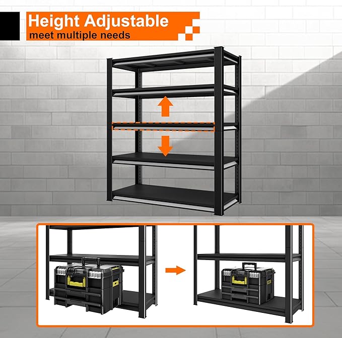 Heavy Duty Shelves, 48'W24'D78'H, 5-Tier Metal Shelves, 3000LBS Loads, Adjustable, Black, For Garages, Warehouses