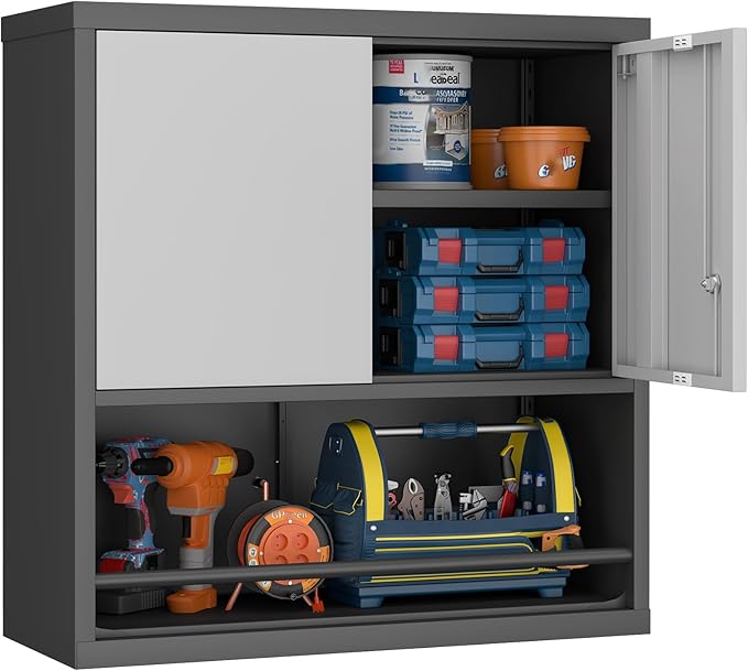 GREATMEET 31" H Metal Garage Storage Cabinets,Wall Cabinet Storage,Lockable Wall Mount Cabinet, Metal Wall Cabinet for Garage Office Utility Room, Black&Grey