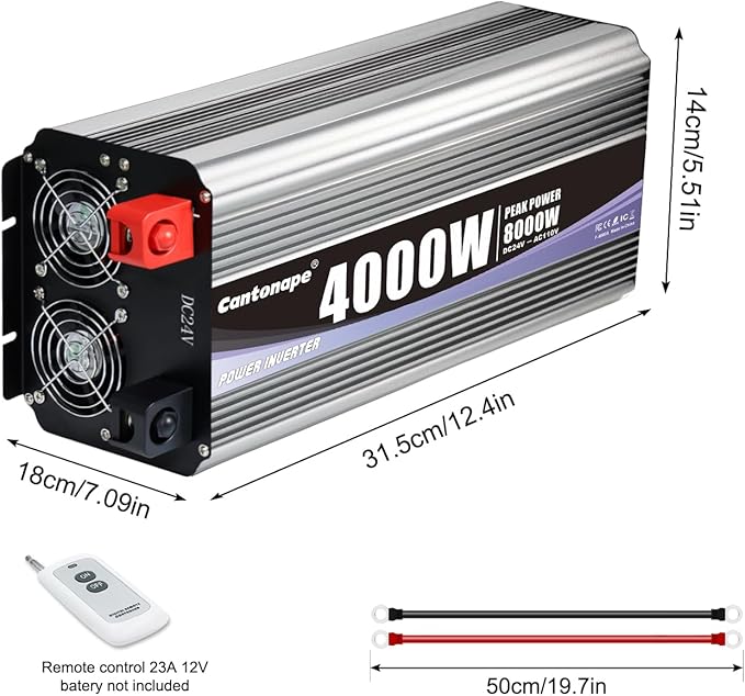 4000 Watt Power Inverter, Car Inverter 24V DC to 110V/120V AC Converter with LCD Display, 4 AC Outlets, USB Port & Remote Controller for RV, Truck, Off-Grid Solar System